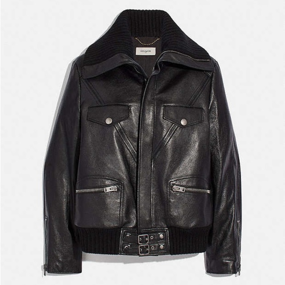 Coach Leather Moto Jacket with Knit Collar